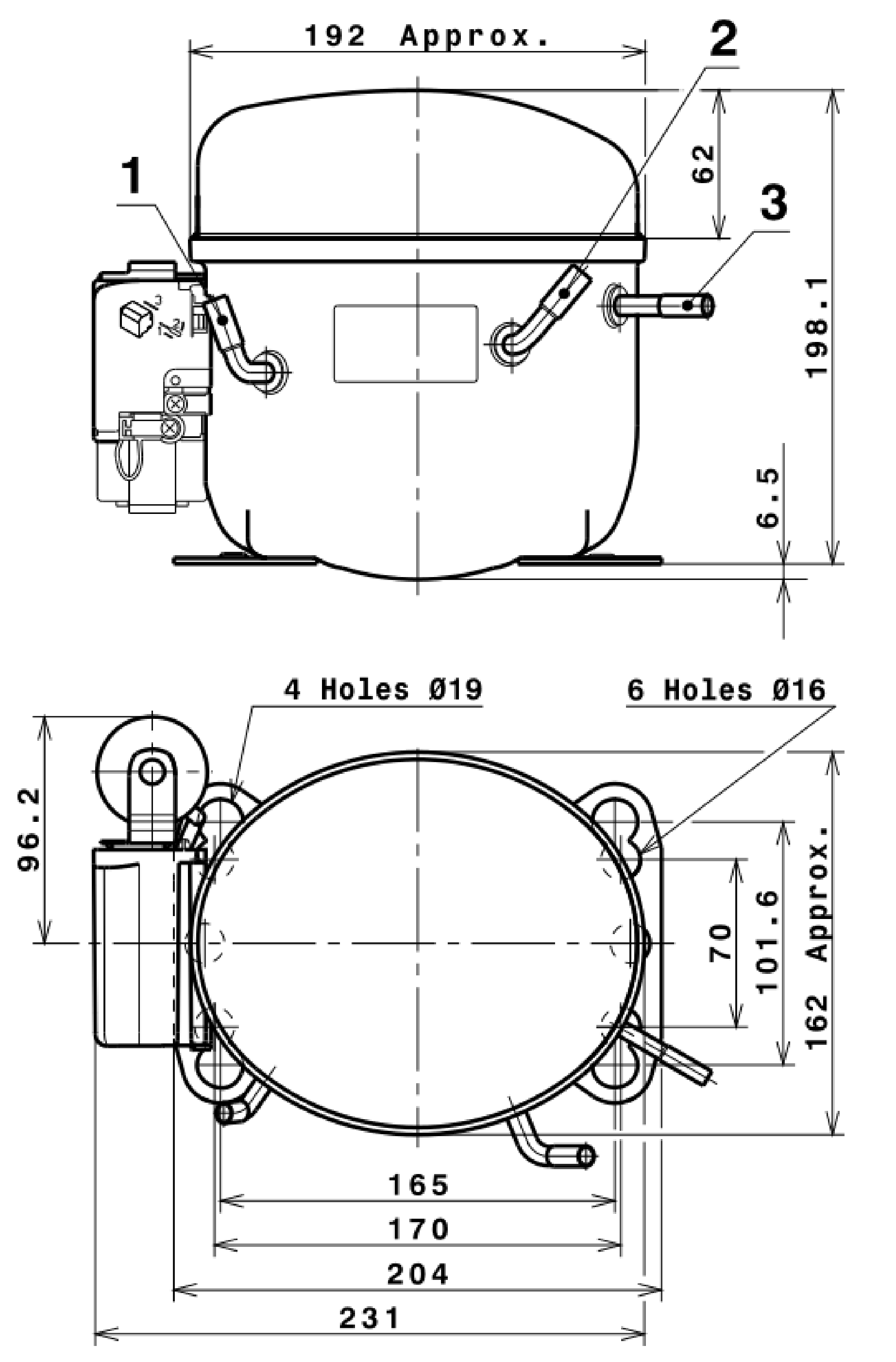 Компрессор поршневой Cubigel GP14FB (R134a) - габаритные размеры