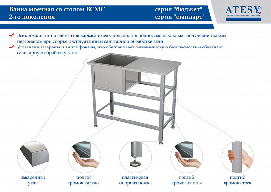 Ванна моечная со столом Atesy ВСМС-С-1.430-1010.530-02 (ВСМС-1/430)